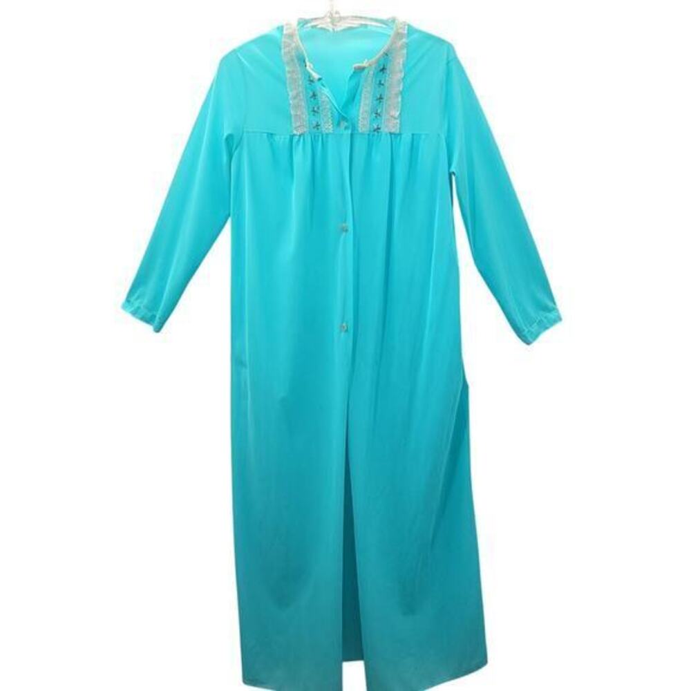 Vintage 60s Blue Embroidered Lace Button Up Dressing‎ Gown Lingerie Maxi Dress
